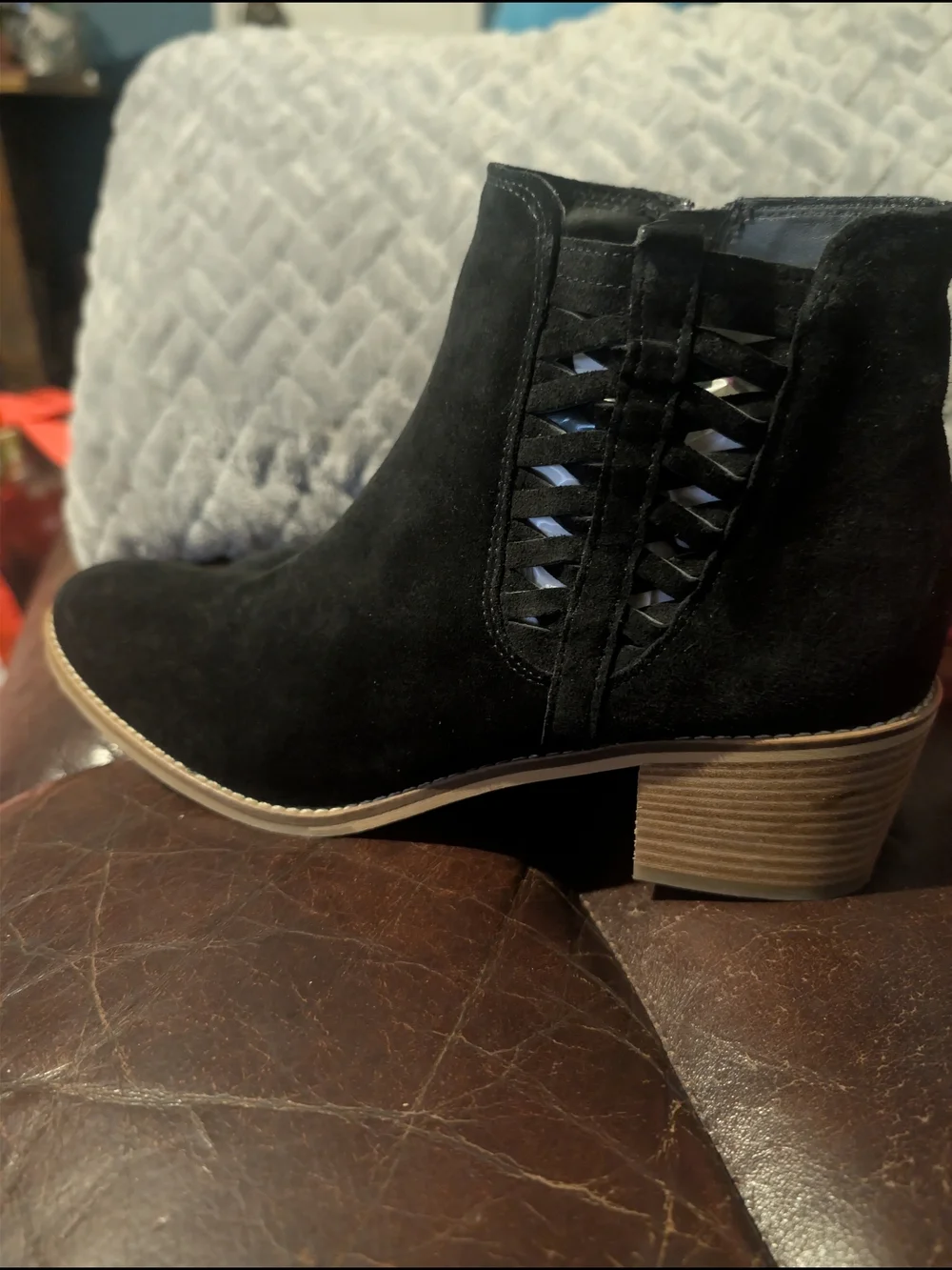 Paul Green Bueno Black Suede Cutout Ankle Boot with Stacked Heel